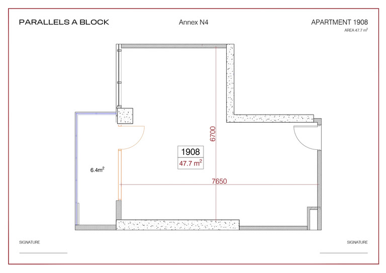 1-пакоевая кватэра № 1808, 47,7 м² на 18-м паверсе ў Metropol Parallel, корпус Block A — планіроўка 1