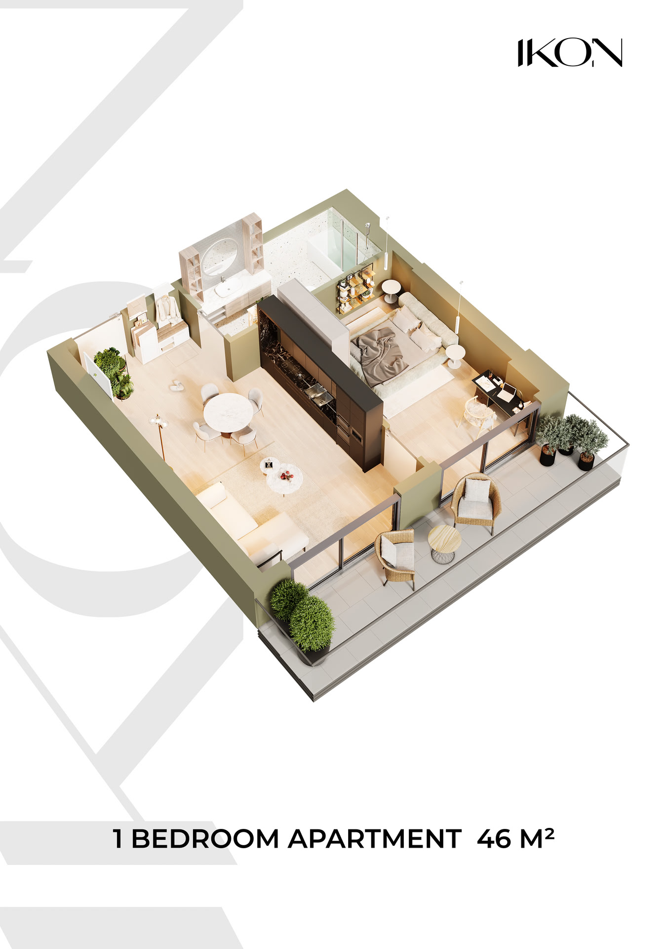 2-room apartment 16-2, 46 m² on floor 16 at IKON Tower 1, Building 1 — floor plan 1