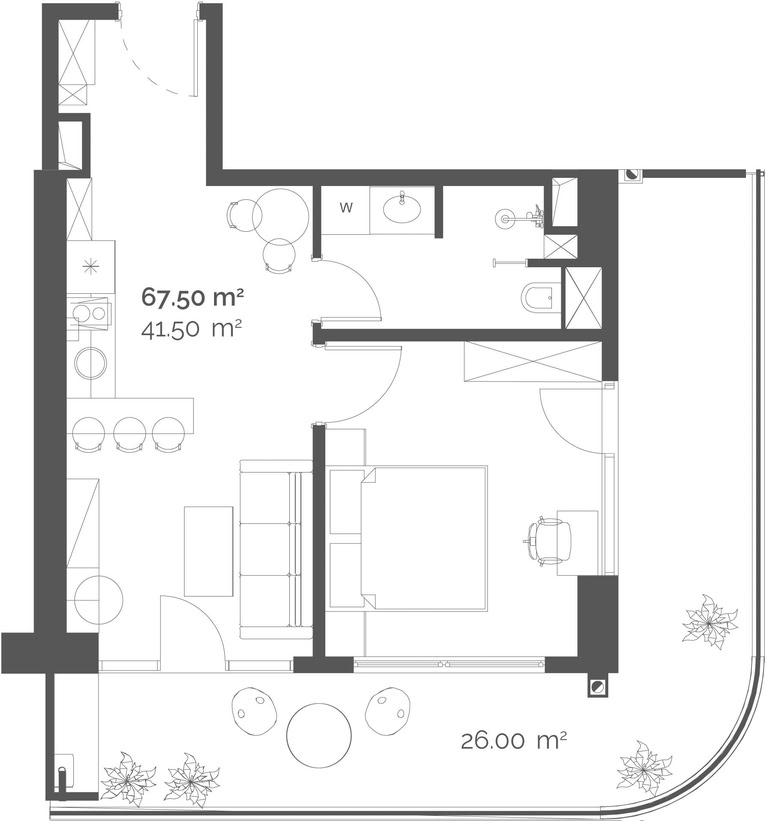 1-комнатная квартира № 417, 67,5 м² на 4-м этаже в Queen's Residence, корпус B — планировка 1