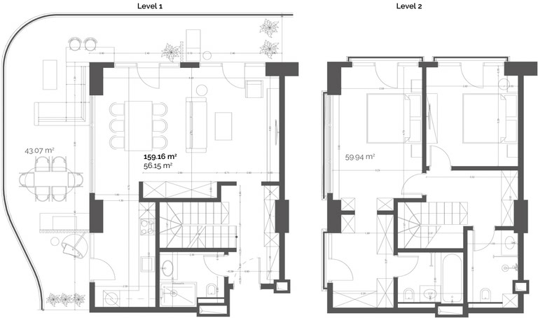 2-room apartment #1302, 159.2 m² on floor 13 at Queen's Residence, Building B — floor plan 1