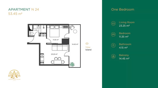 1-комнатная — 53.5 м²