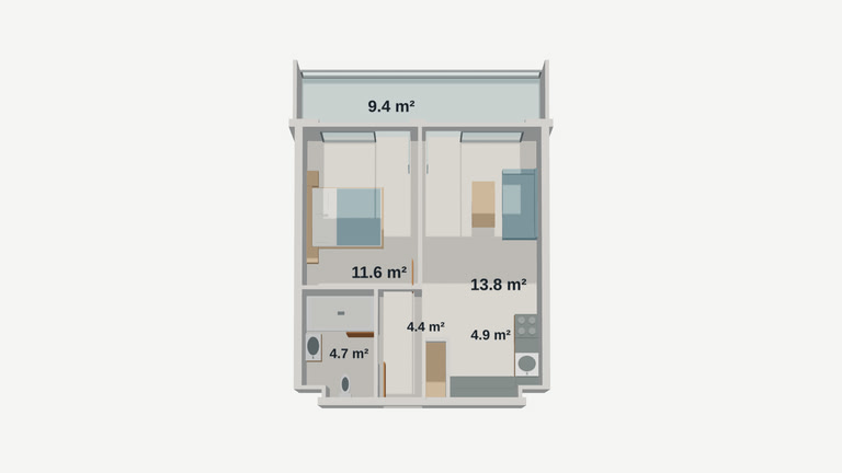 Floor plan — 1-room apartment 216, 49.8 m² on floor 2 at Lagoon Resort, Building A
