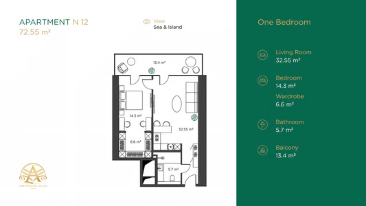 1-комнатная — 72.6 м²
