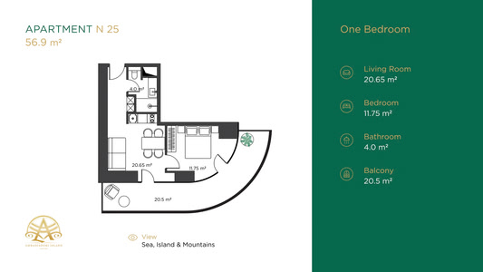 1-комнатная — 56.9 м²