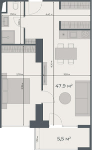 1-room — 53.4–53.7 m²