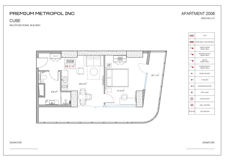 1-room apartment #2008, 66.2 m² on floor 20 at Metropol Cube, Building Cube — floor plan 1