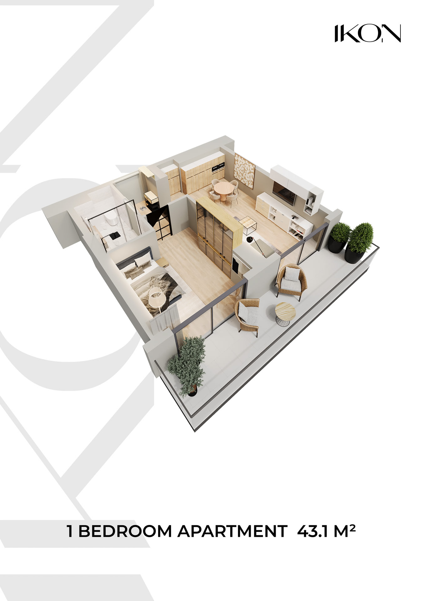 2-кімнатна квартира 19-13, 43,1 м² на 19 поверсі у IKON Tower 1, корпус 1 — планування 1