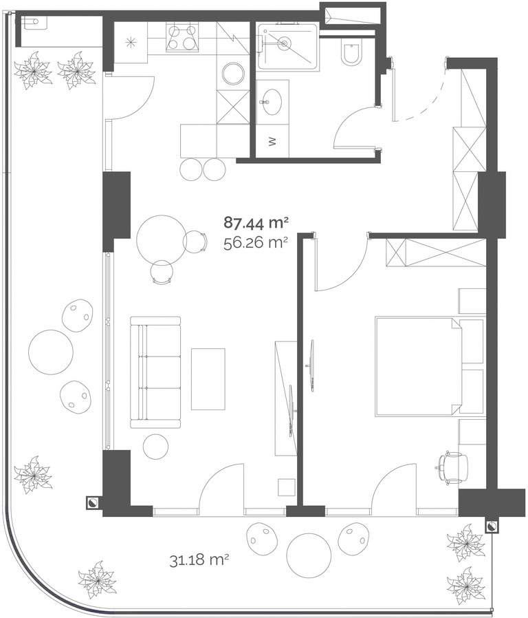 1-пакоевая кватэра 801, 87,4 м² на 8 паверсе ў Queen's Residence, корпус B — планіроўка 1
