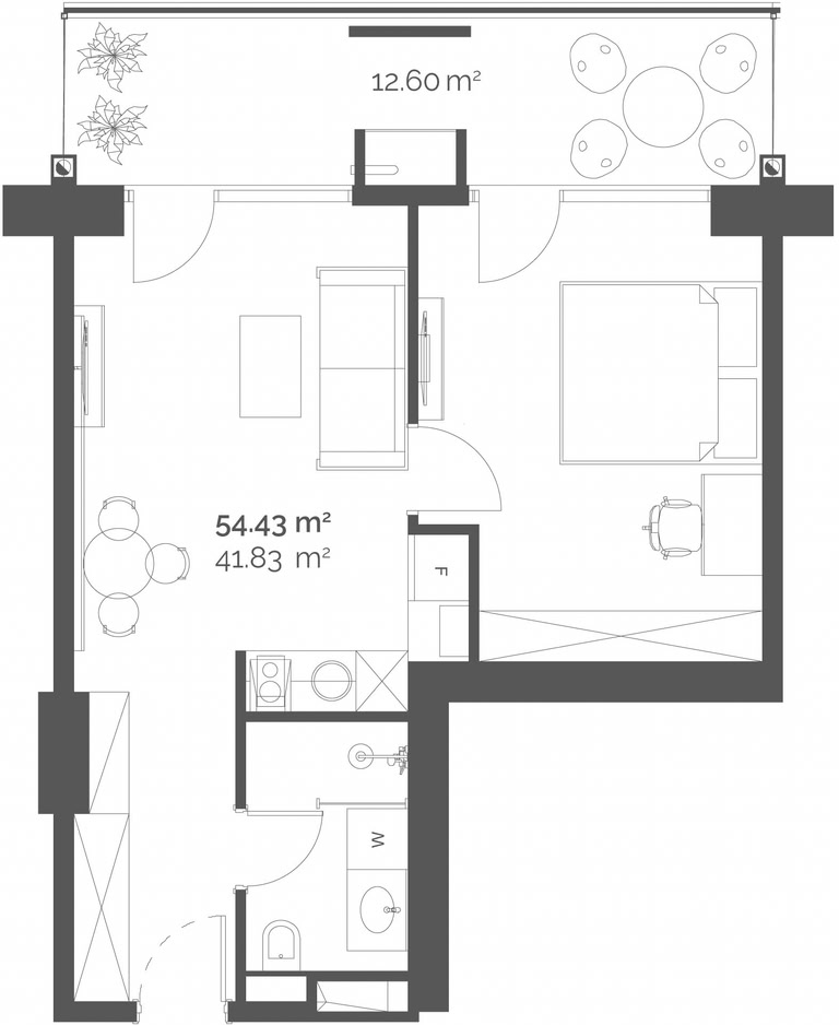 1-room apartment #316, 54.4 m² on floor 3 at Queen's Residence, Building B — floor plan 1